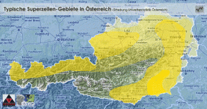 Superzellen - gefärdetet Gebiete in Österreich